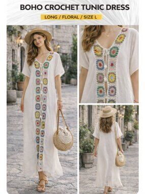Boho White Crochet Trim Tunic Dress Embroidered Floral V Neck Lightweight Size L